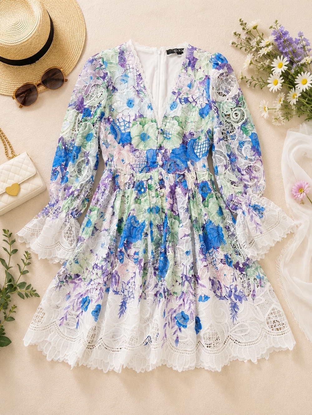 Dalia Macphee Lace Floral Maxi Dress in Blue, Green & Purple by